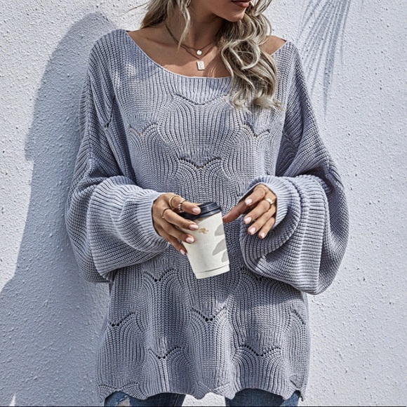 New Grey Scalloped Oversized Cozy Boho Sweater Top - Picture 4 of 7